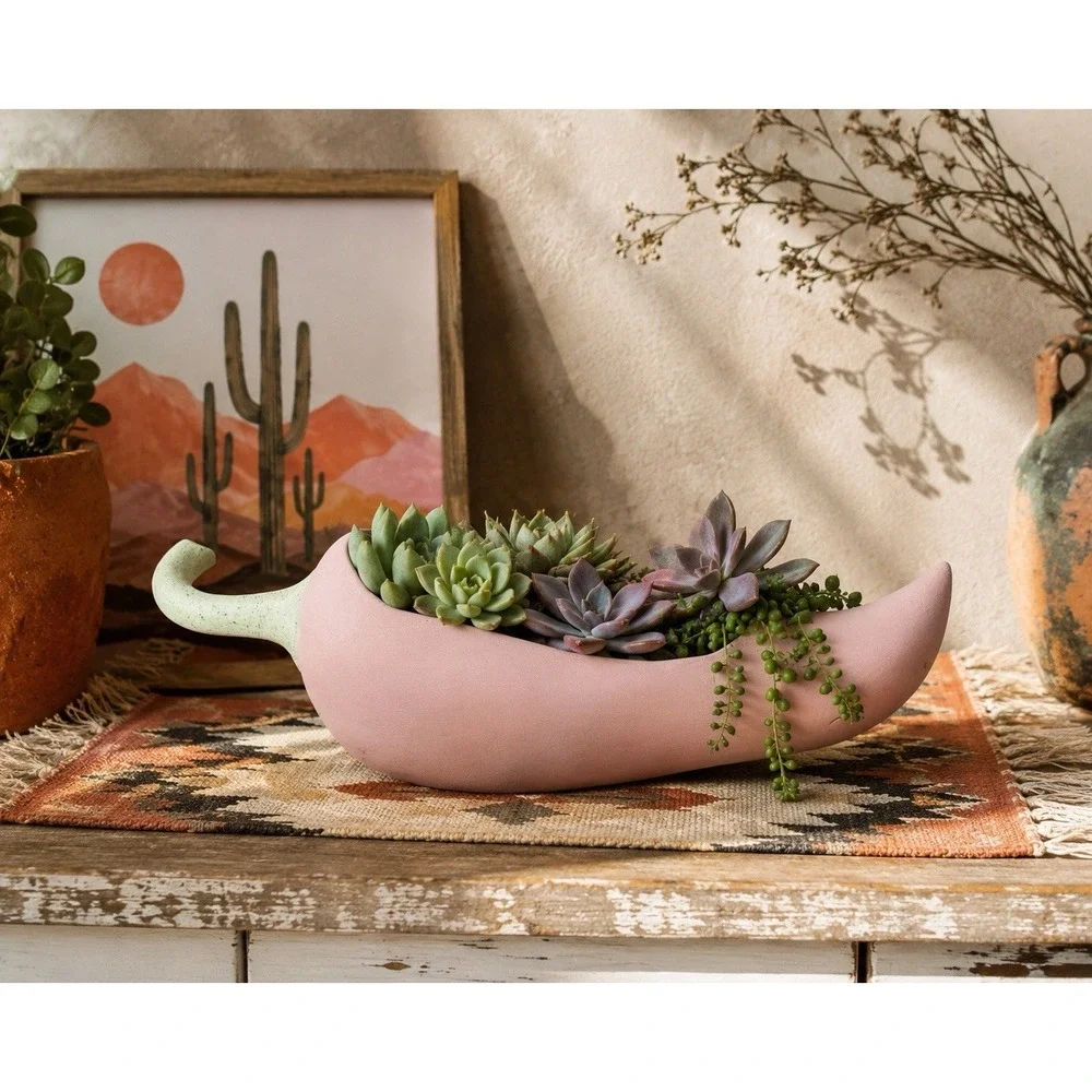 Southwestern Pink Chili Pepper Planter Pot Vase Bowl Santa Fe Desert Decor 13